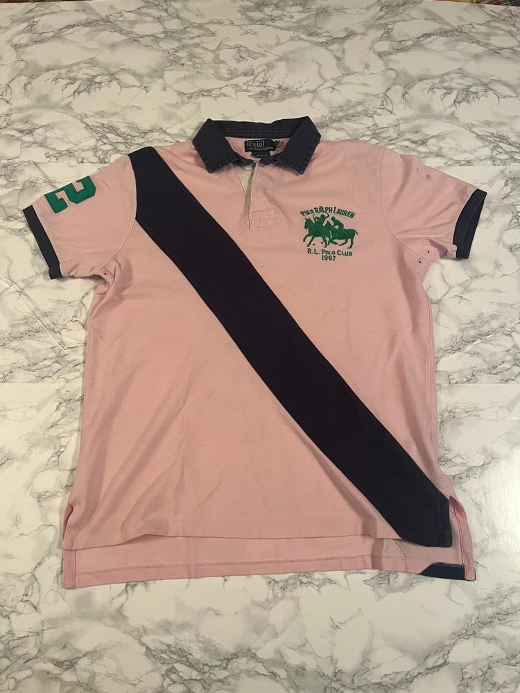 Pink Polo Shirt With Navy Diagonal Stripe